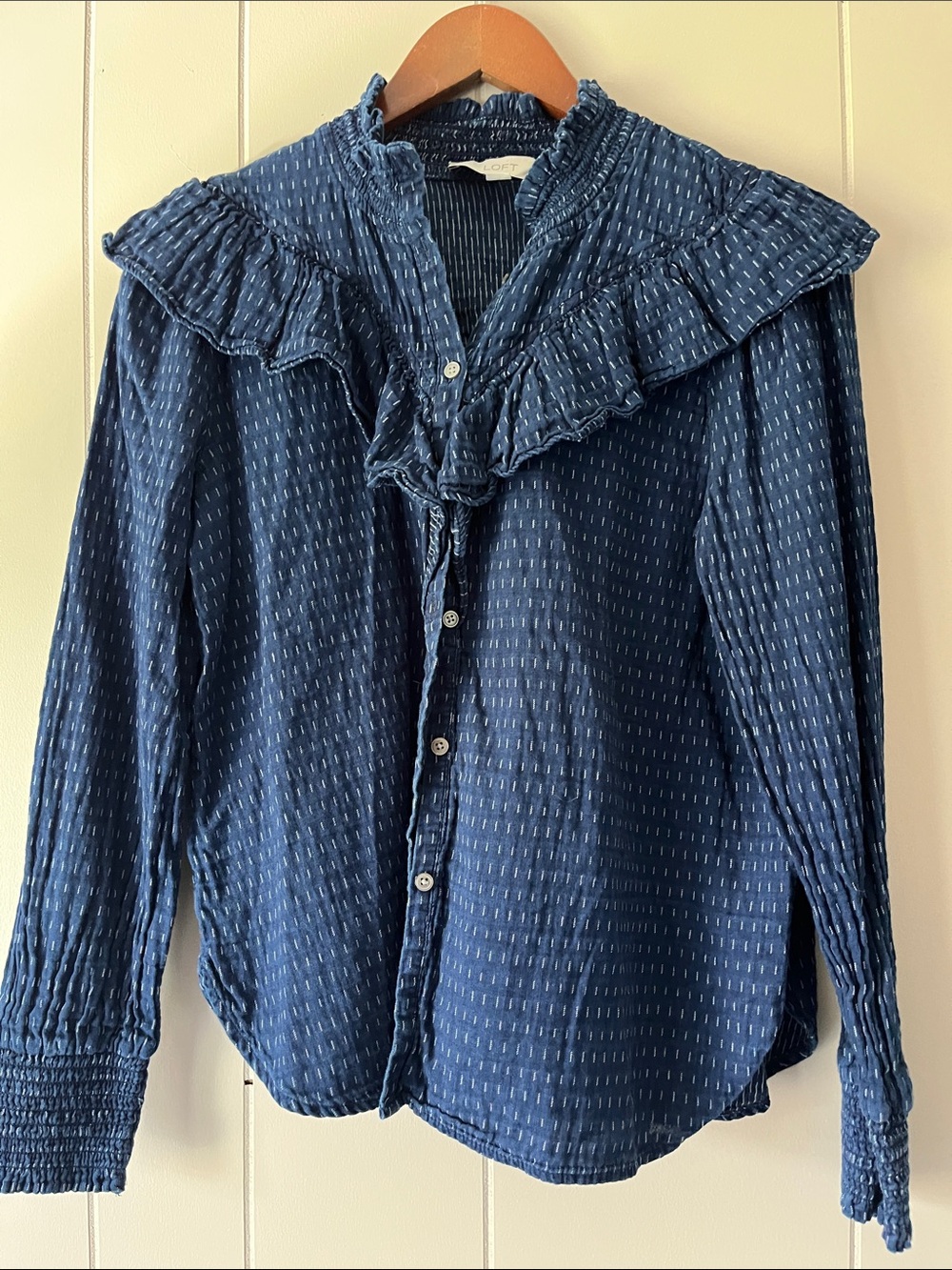 Navy Ruffle Collar Button-Down Blouse - Picture 2 of 10